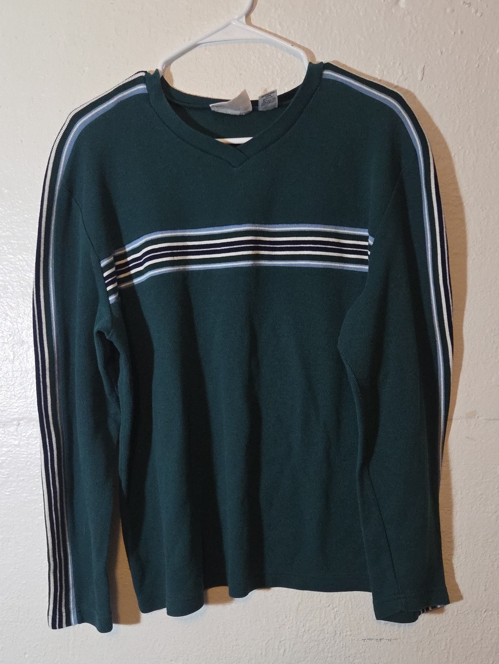 Northcrest Dark Green V-Neck Sweater with White and Navy Stripe Detail Womens L